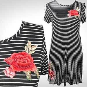Discreet Black and White Striped Dress with Rose Embroidery
